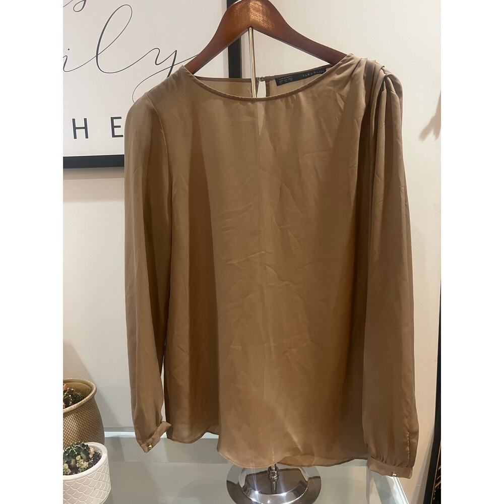 Sheer tan blouse with gold buttons and shoulder detail - Picture 2 of 9